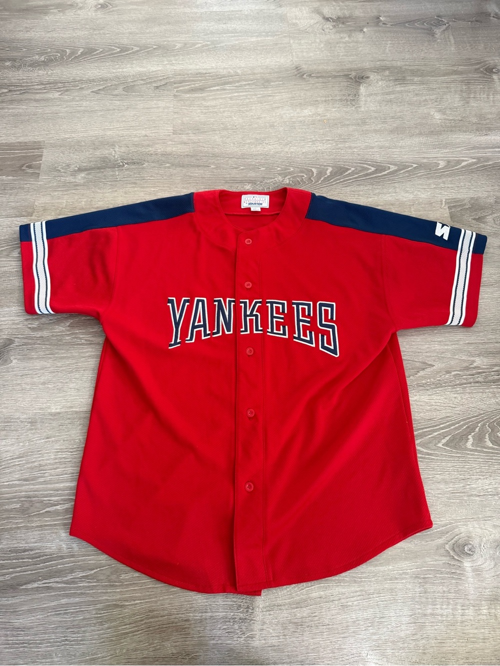 Vintage 90s MLB Starter New York Yankees Red Button Down Jersey Size Large